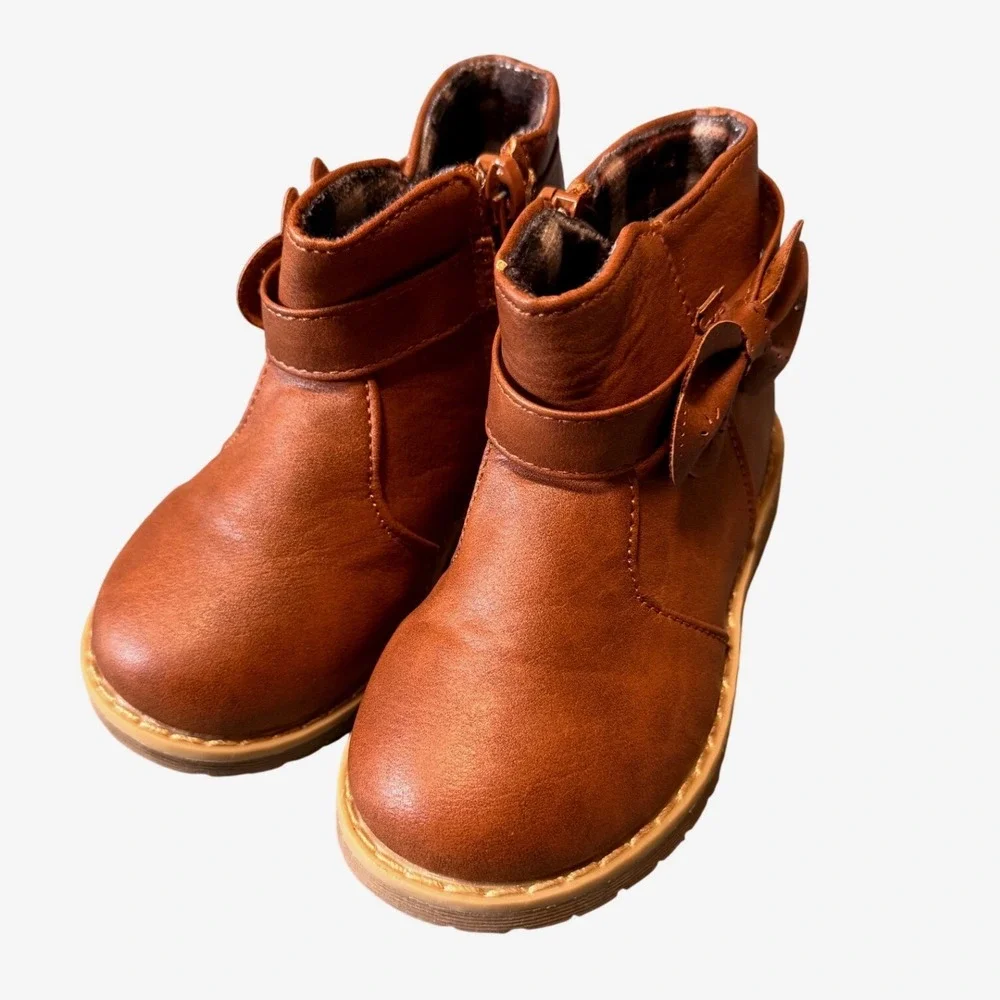 Bellanie Toddler Girls Brown Faux Leather Bow Ankle Boots Size 5 Zippered